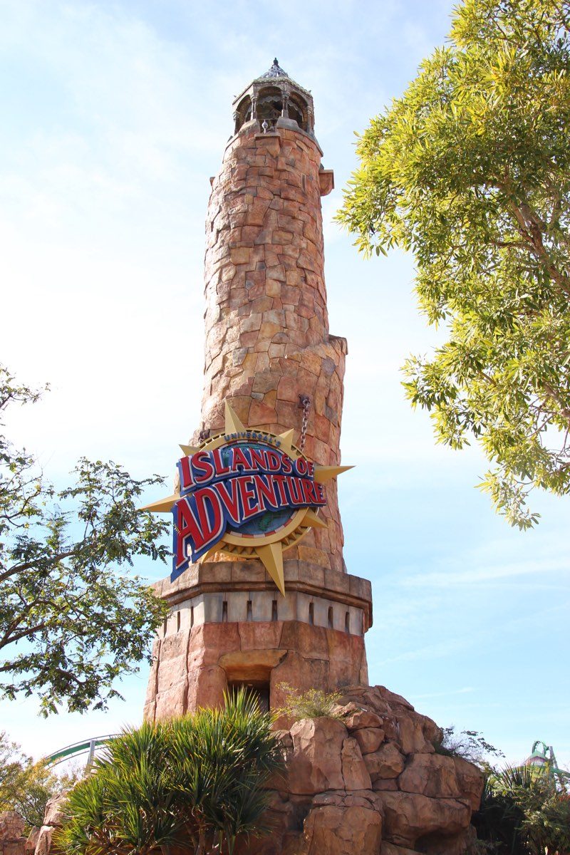 Colorful lighthouse landmark at a Universal Orlando theme park